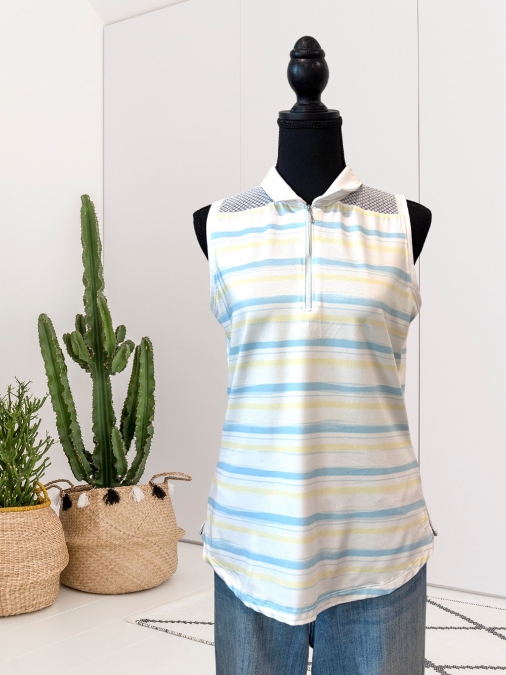 Pebble Beach Dry Luxe Sleeveless Sheer Shoulder Striped Golf Polo